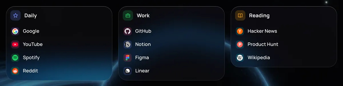 Three Wisp boards: Daily, Work and Reading with site icons