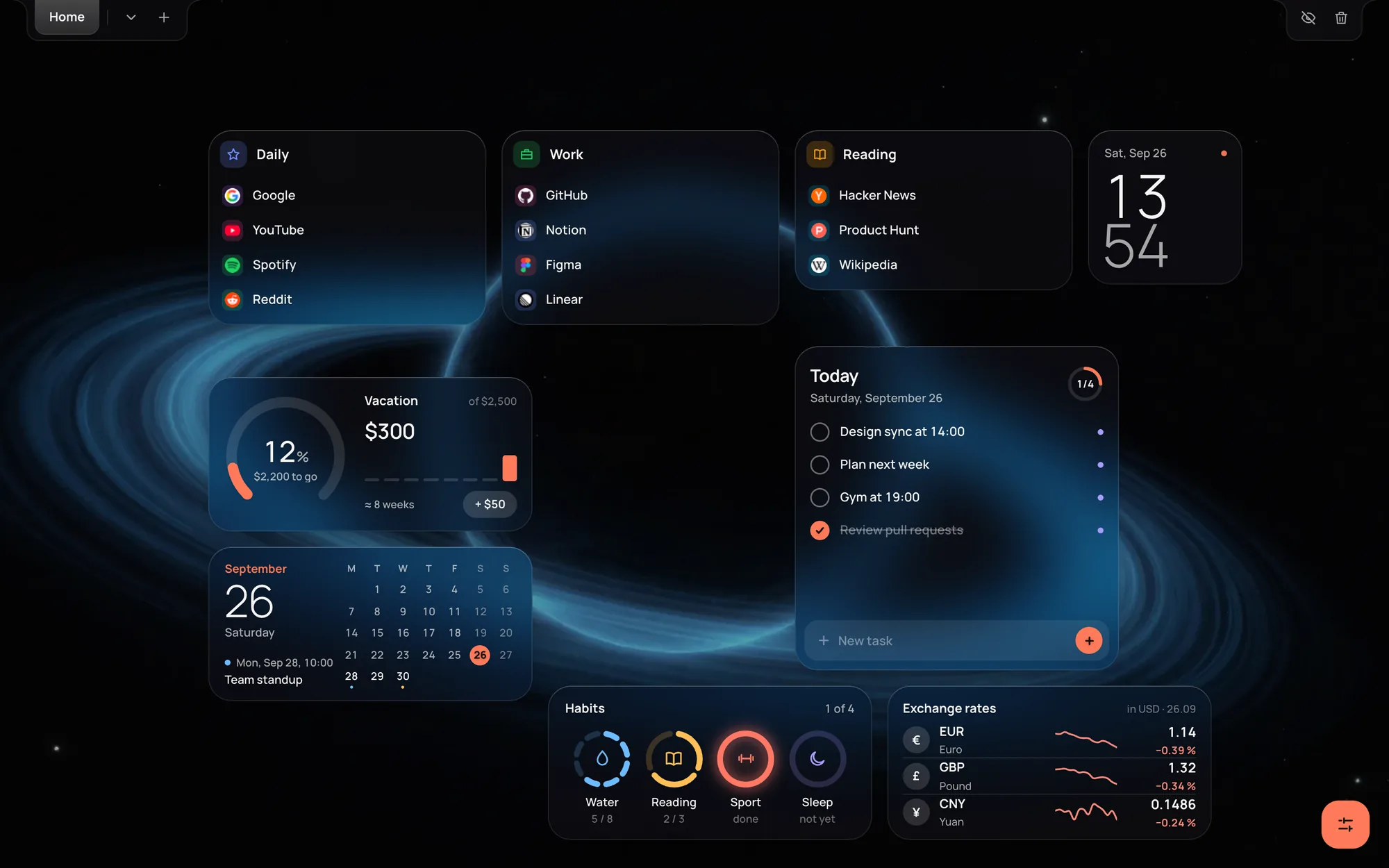 Wisp new tab: boards with links, clock, tasks, savings goal, calendar, habits and exchange rates over a space wallpaper