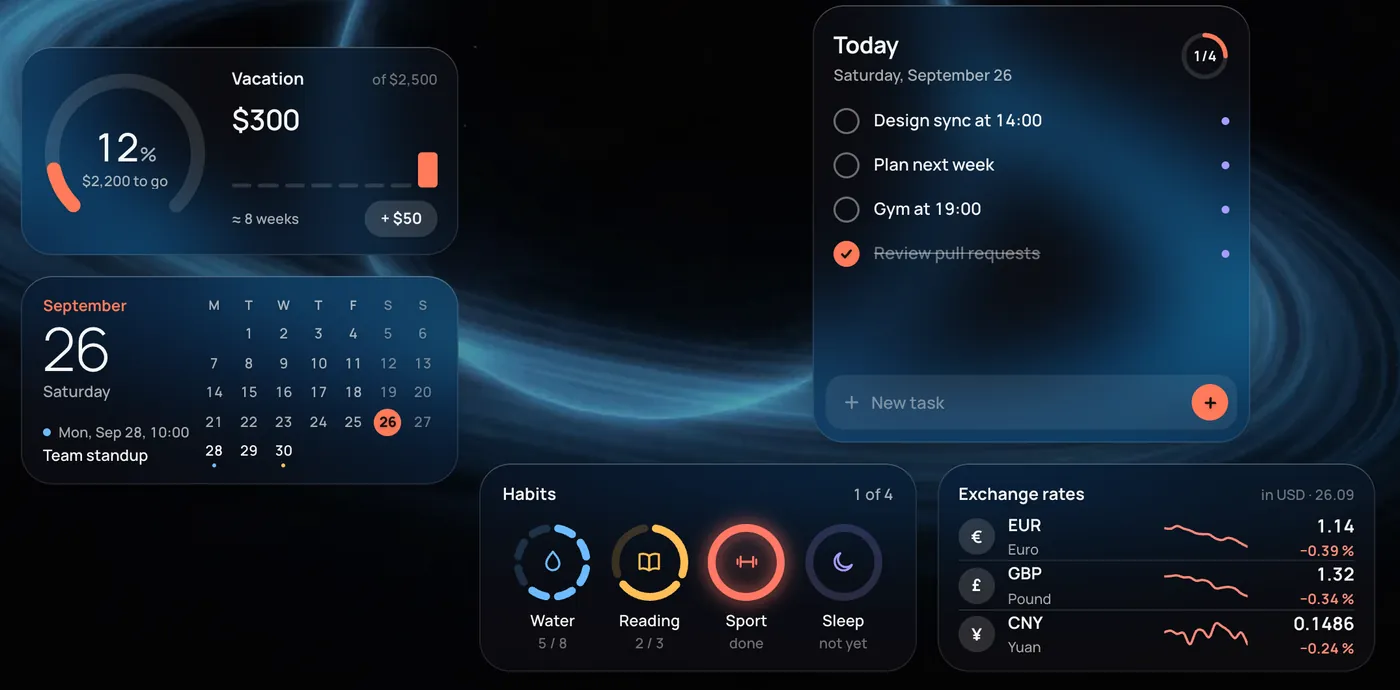 Wisp widgets: savings goal, calendar, tasks, habits and exchange rates